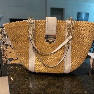 Michael Kors Natural Straw Tote with White Trim and Gold Hardware